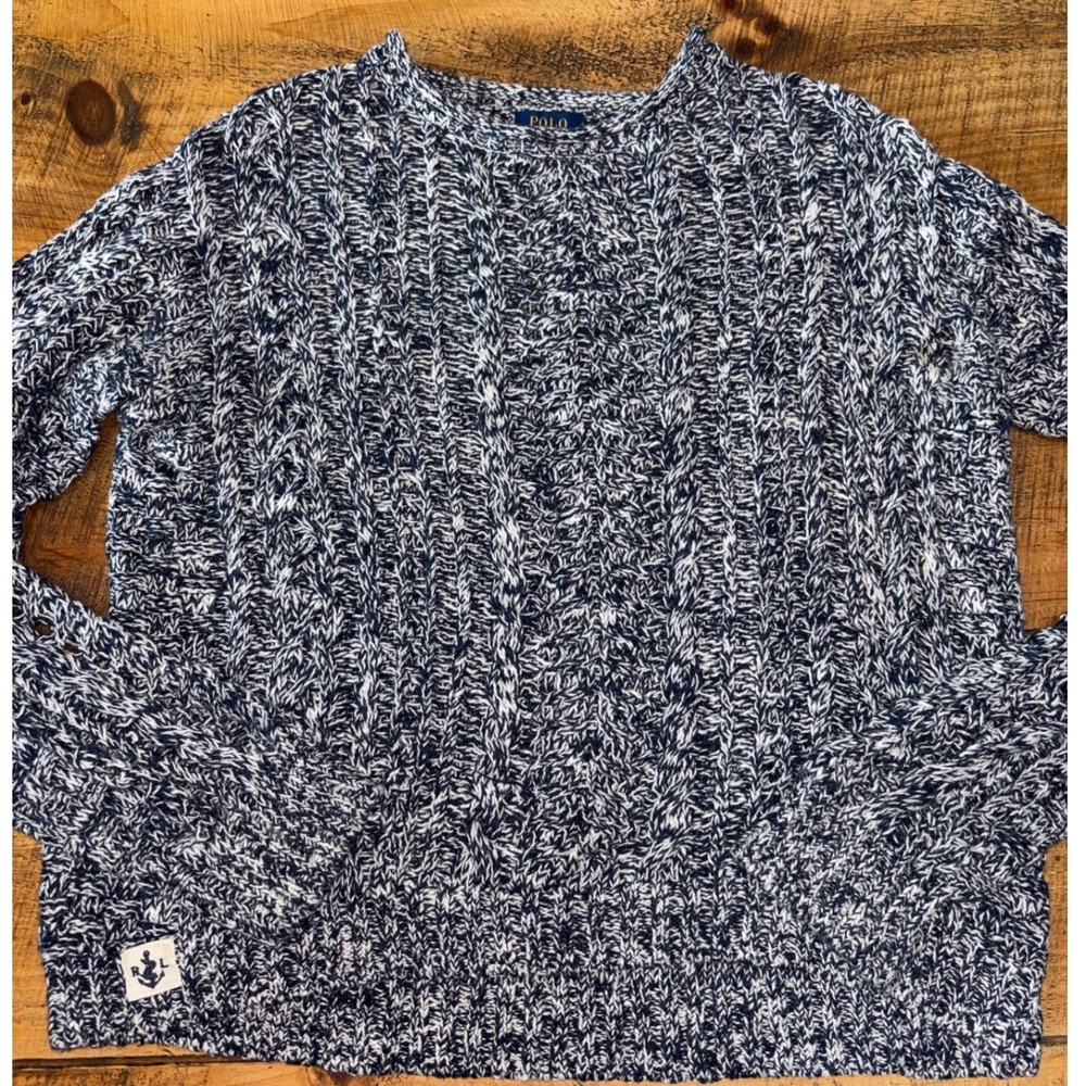 Polo Ralph Lauren Girls Cable Knit Navy Cream Long Sleeve Sweater Size 12/14 L